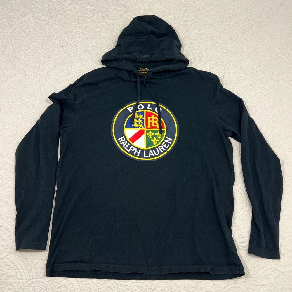 Polo Ralph Lauren Mens Black Crest Graphic Long‎ Sleeve Hooded T-Shirt Large L